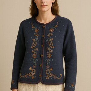 Koret Vintage Wool Embroidered Cardigan Medium Navy Floral GrandmaCore Chic